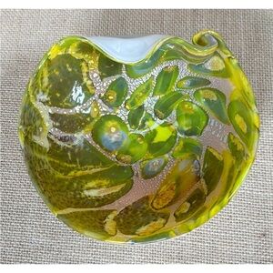Vintage Green Gold Cased Glass Bowl Candy Dish Reverse Painted Artsy Boho Hippie